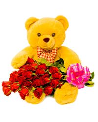 red roses with teddy bear